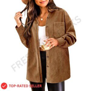 Oversized Corduroy Button Down Blouse V Neck Long Sleeve Pockets Chic